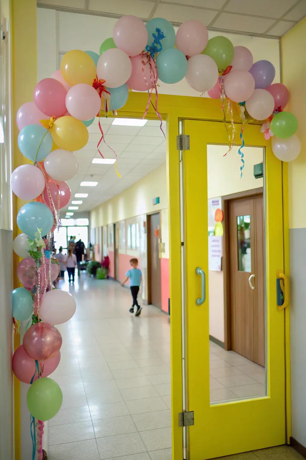 A kindergarten portal replete with kaleidoscopic spheroid adornments.