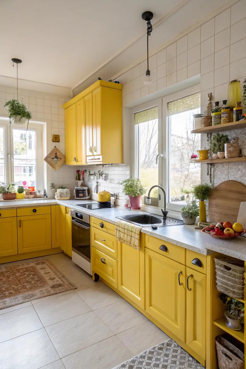 Lively yellow radiance injects a joyful vigor into the kitchen.