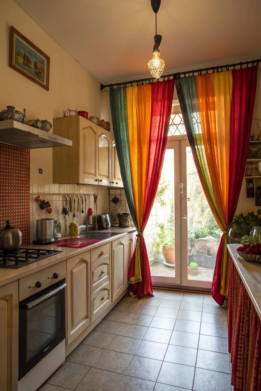 Audaciously-colored window coverings transform the kitchen into an animated space.
