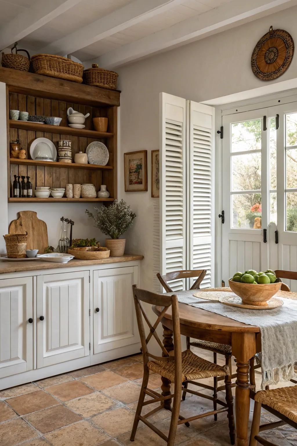 Farmhouse-style shutters bring rustic charm to your kitchen.