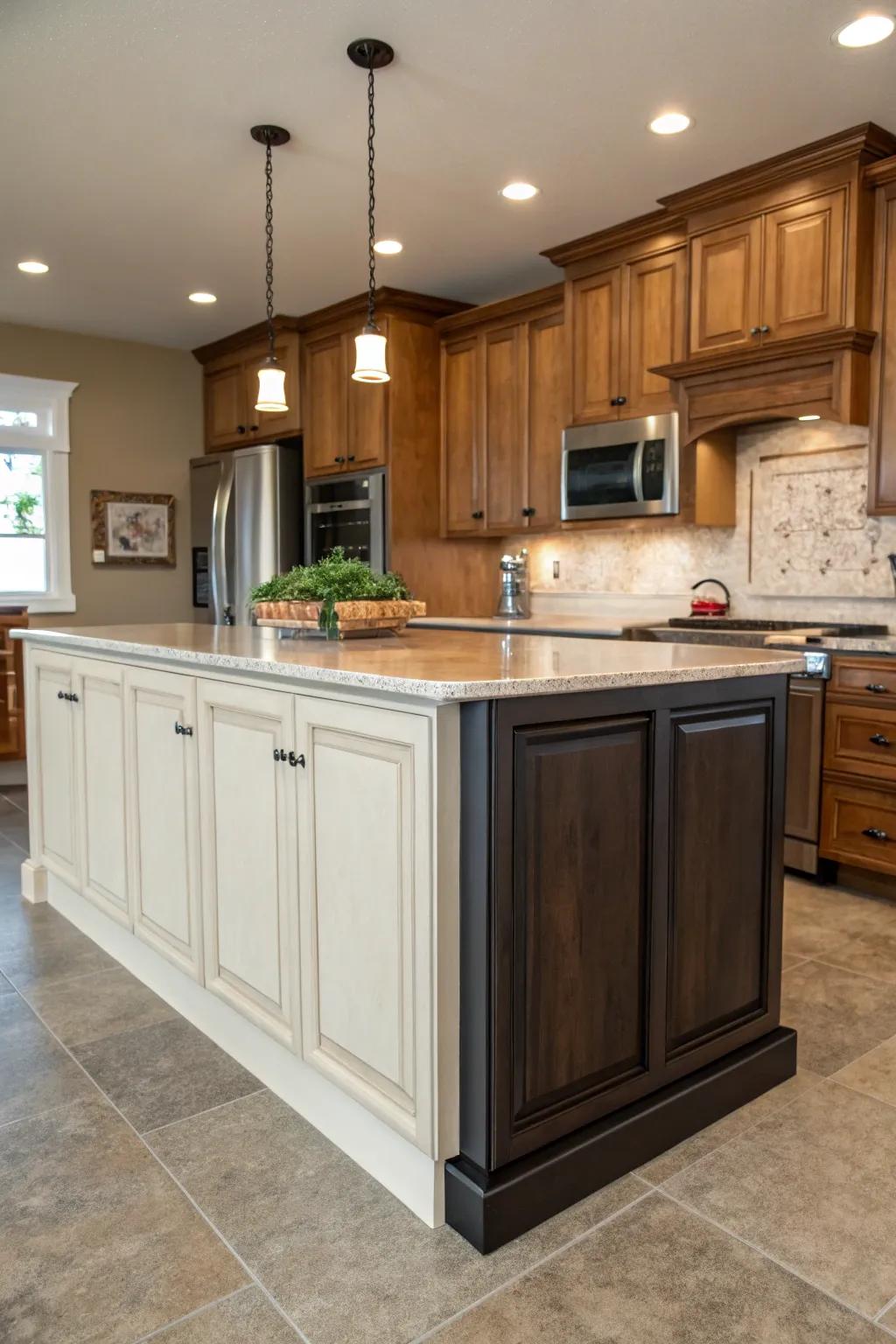A two-tone kitchen island, distinguished by its contrasting shades.