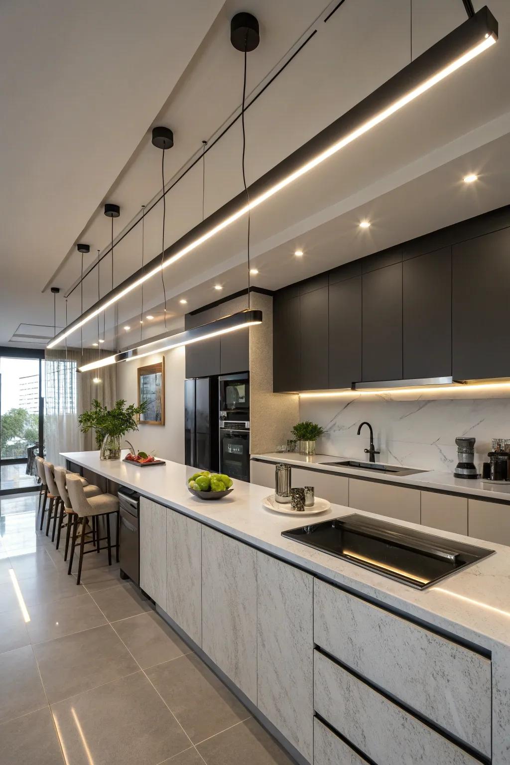 Linear illumination delivers sleek and uniform radiance above culinary counters.