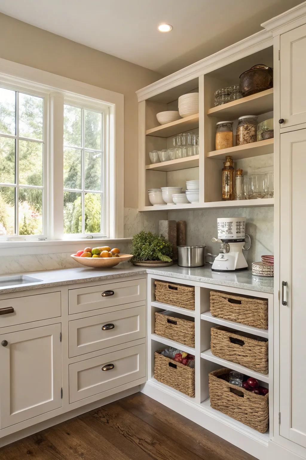 A kitchen with efficient storage solutions.