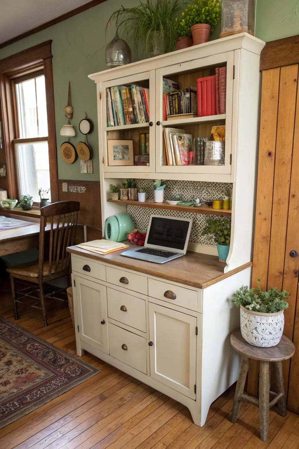 A vintage hutch creatively repurposed into an inspiring office.