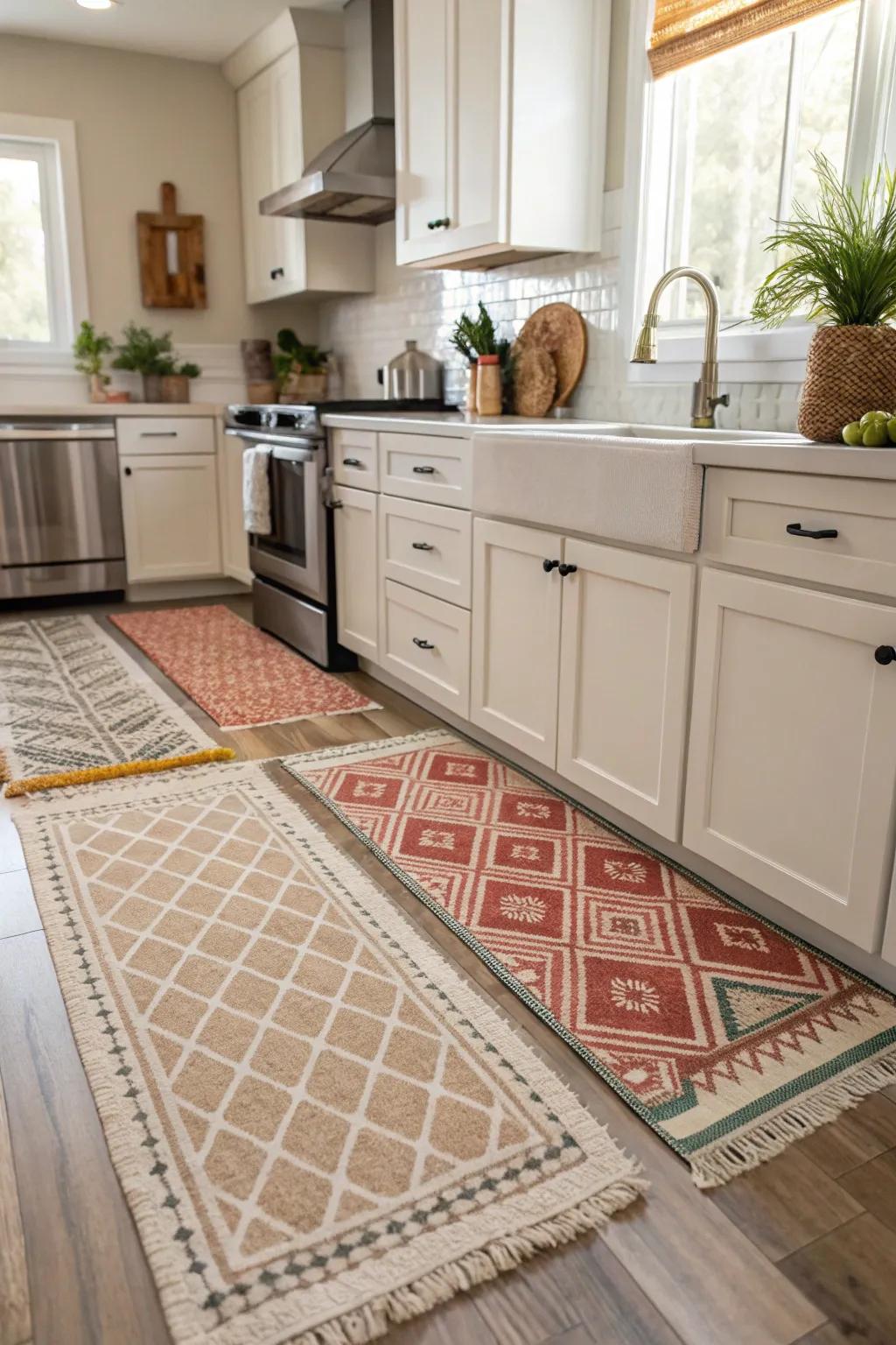 Arranging rugs exhibiting differing patterns introduces dimension and intrigue to your kitchen.