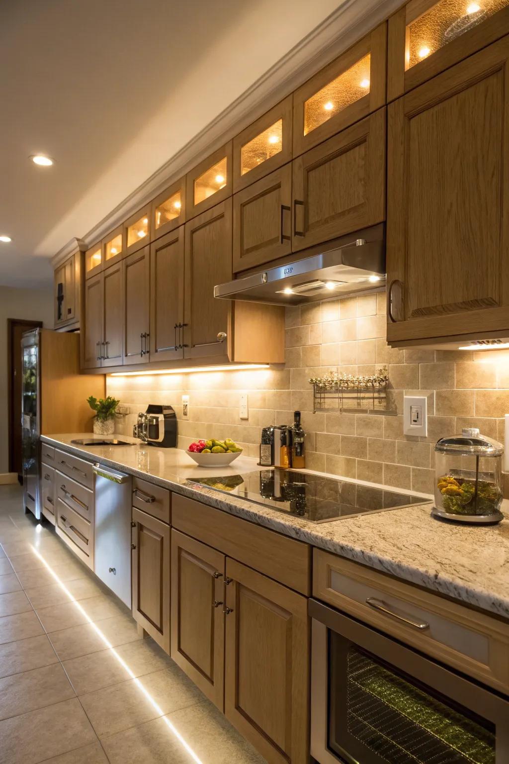Under-cabinet rail illumination establishes a welcoming ambiance in the cooking space.