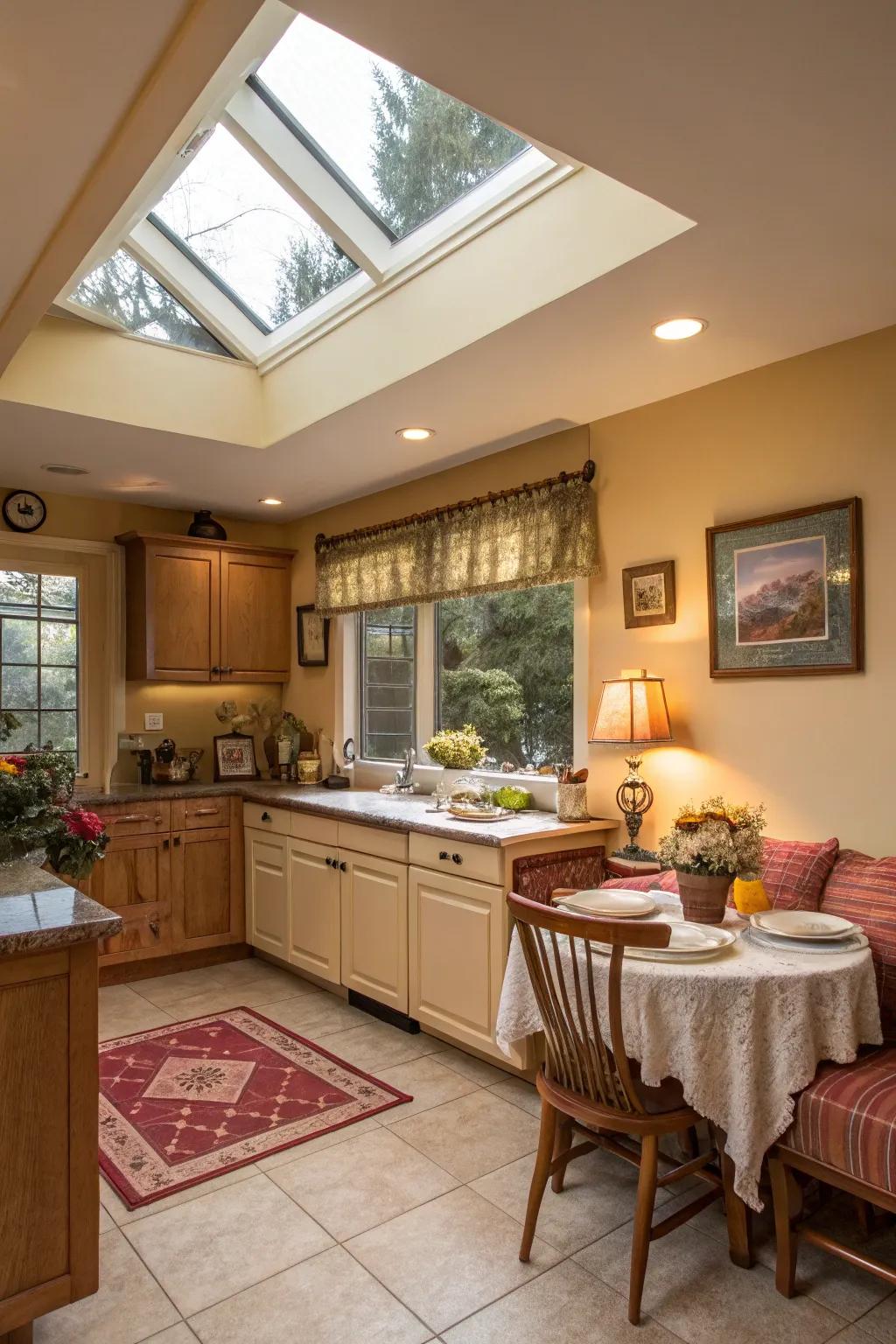 A palette of warm hues, complemented by natural light, establishes an inviting ambiance in the kitchen.