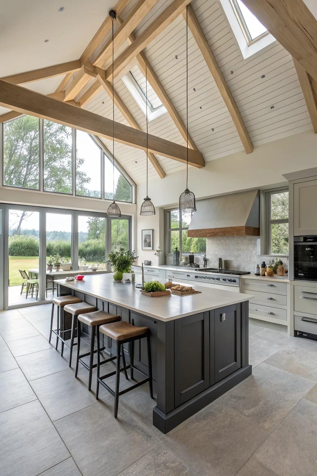 A central island serves as the core of this kitchen featuring a vaulted ceiling.
