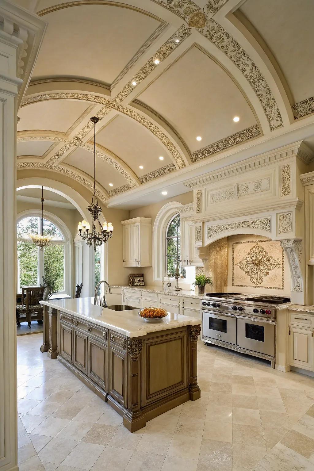 Ornamental elements enhance the elegance of the kitchen's elevated ceilings.