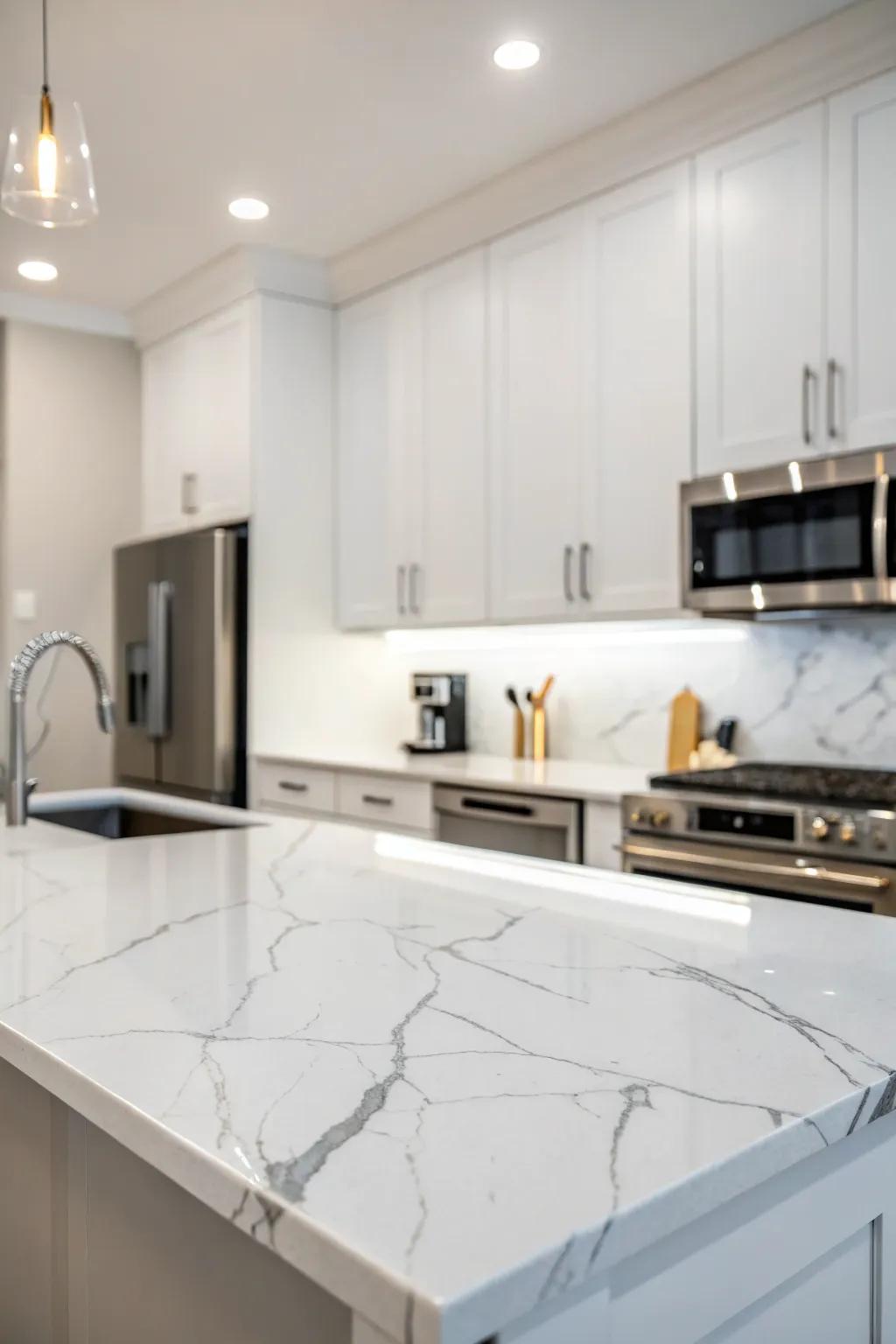 Luxurious yet effortlessly maintained marble-inspired quartz countertops.