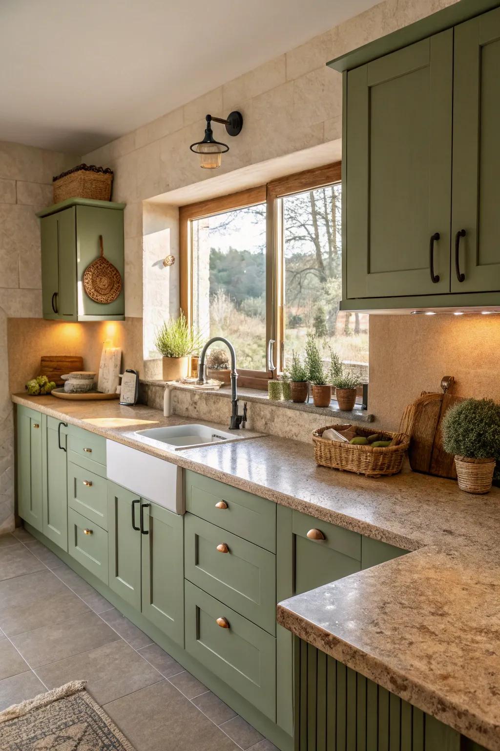 Earth-toned overlays supply a welcoming and pleasant cooking space atmosphere.