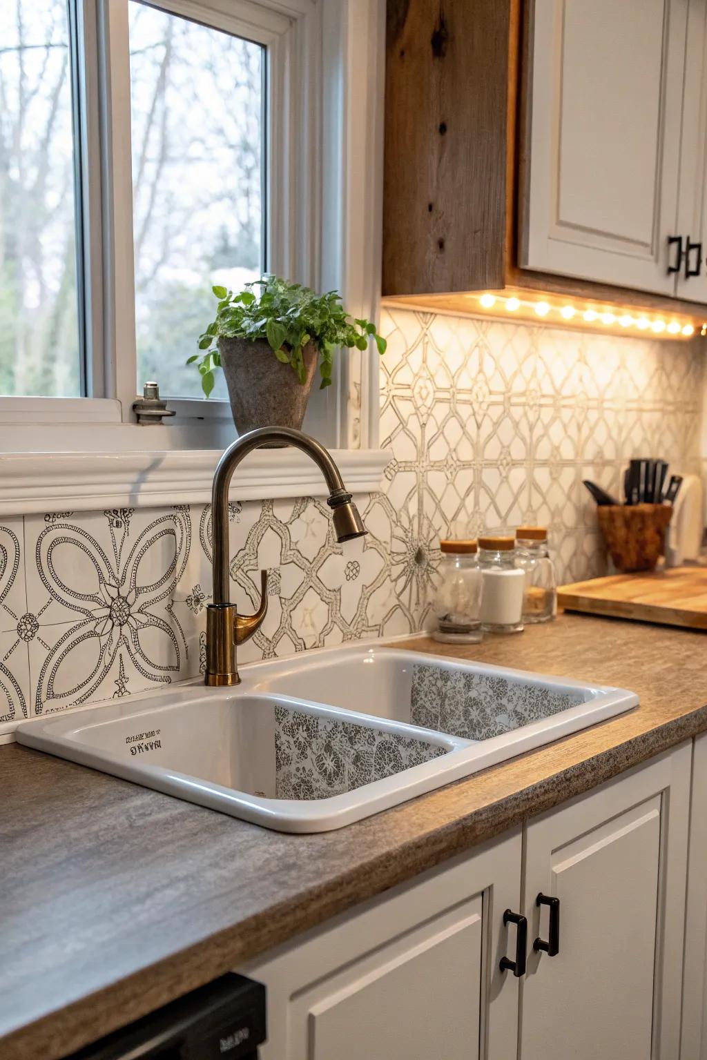 Functional laminate backsplash surrounding the kitchen basin area.