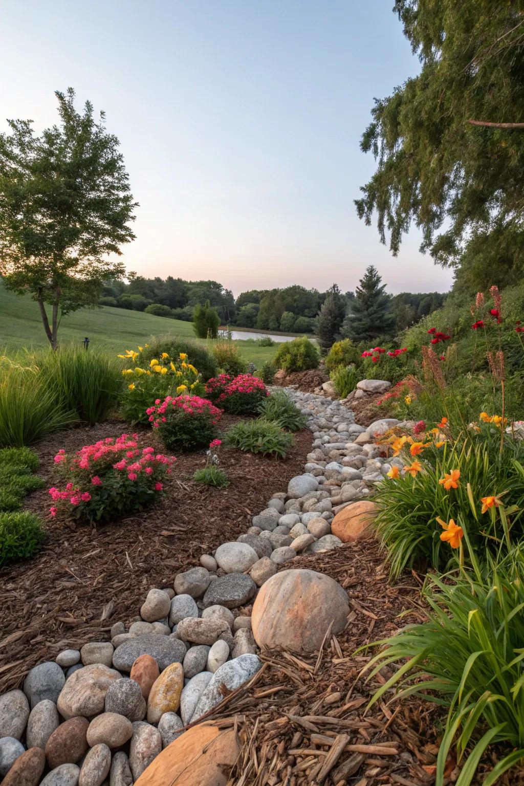 Unite surface cover and stones for a textured garden blueprint.