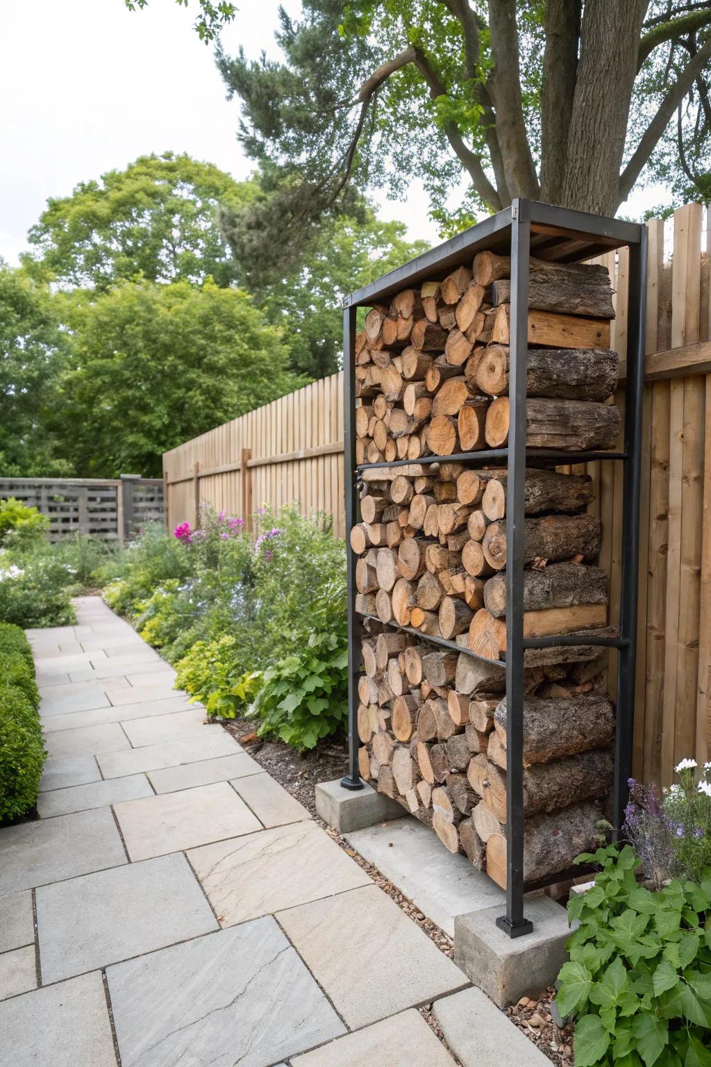 A timber firewood rack ensures organized and dry wood storage.