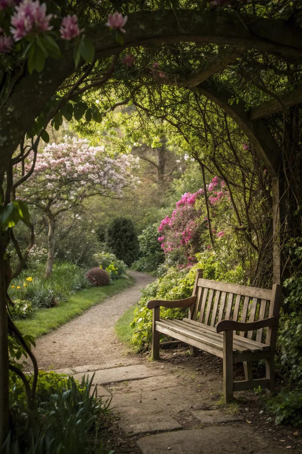 A secluded garden alcove featuring a snug bench, ideal for unwinding.