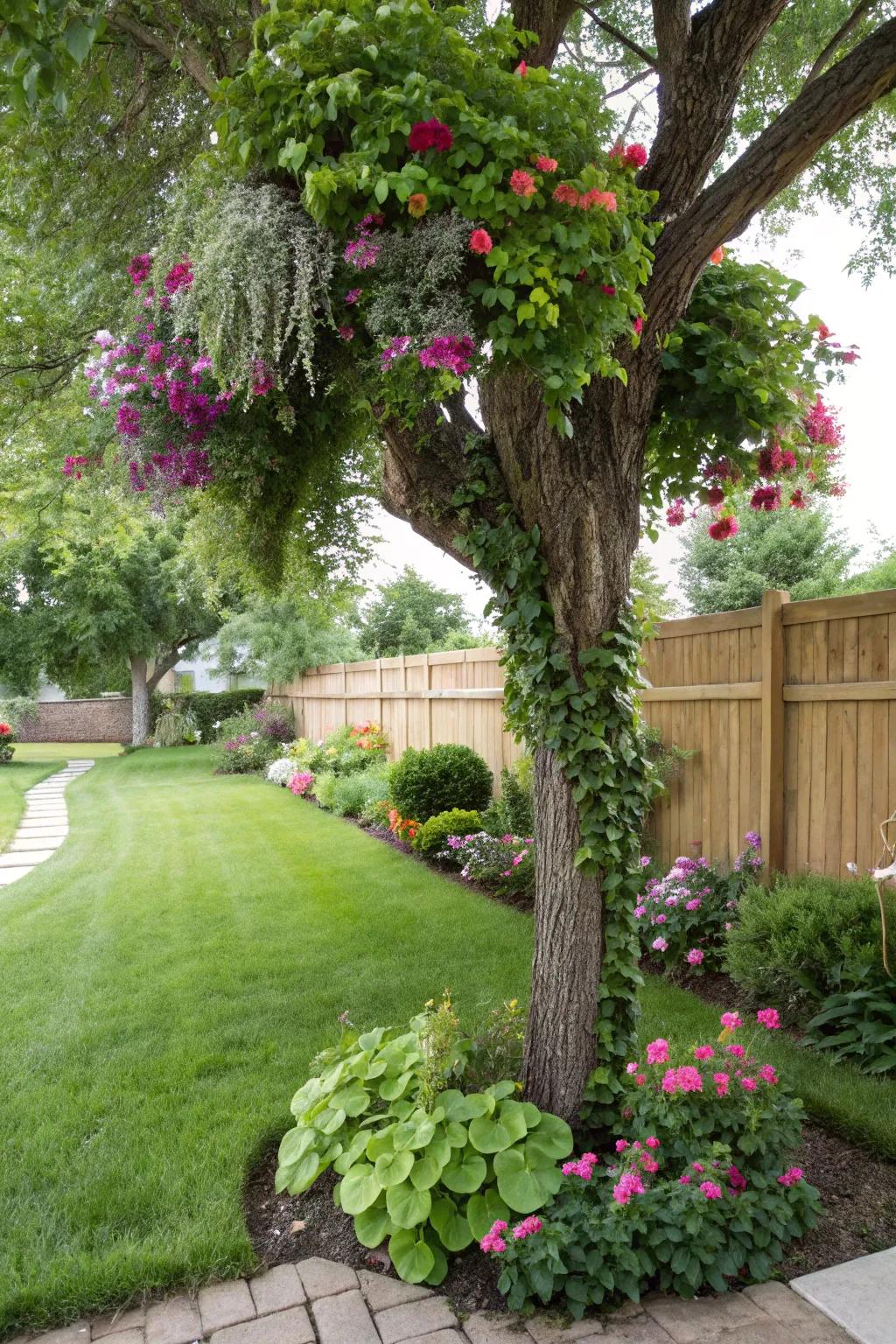 A tree encircled by naturalistic, flowing plant compositions.