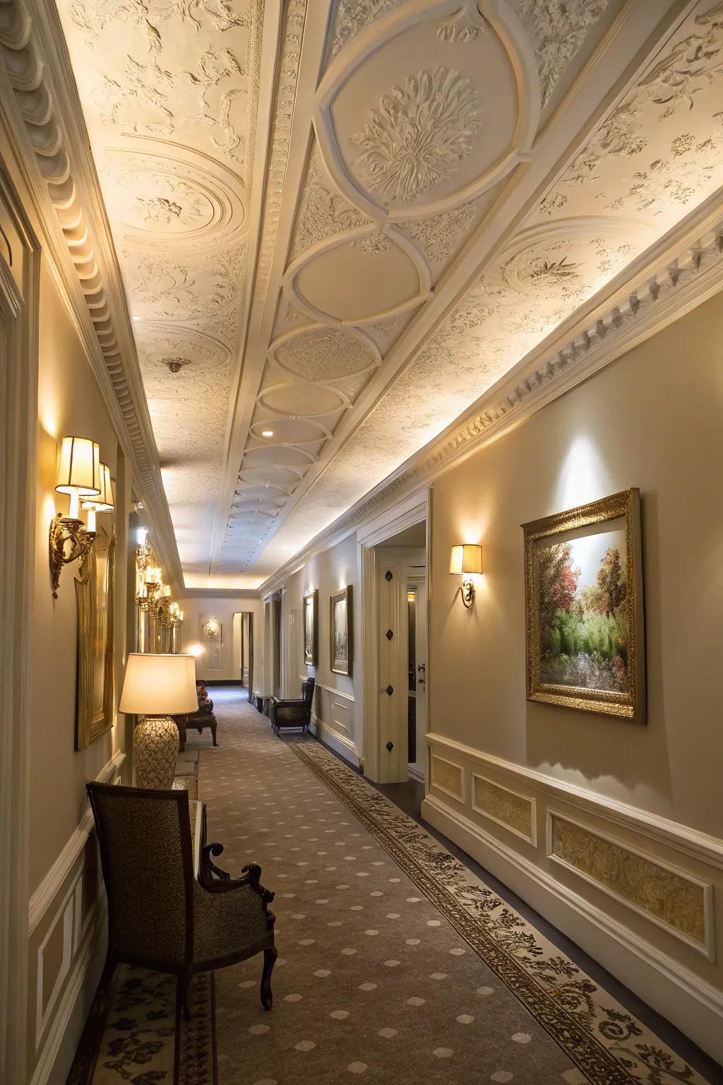 A exquisitely adorned corridor, embellished with expansive crown molding, thereby enhancing its inherent elegance.