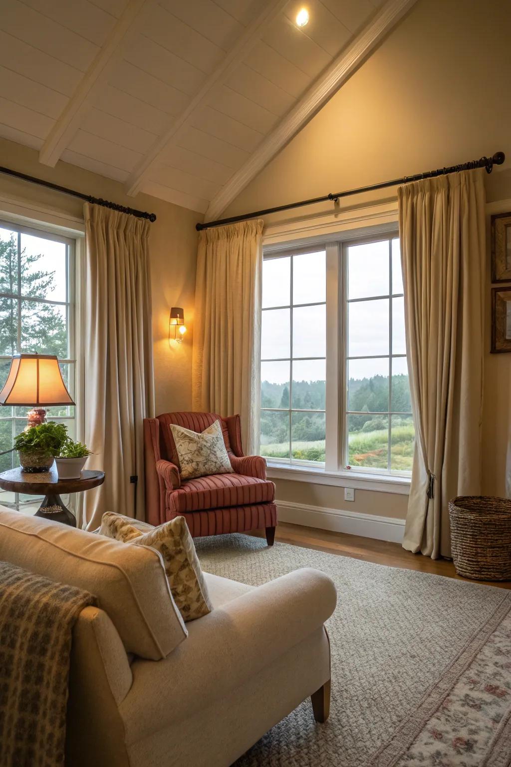 Looped-top curtains provide a casual aesthetic.