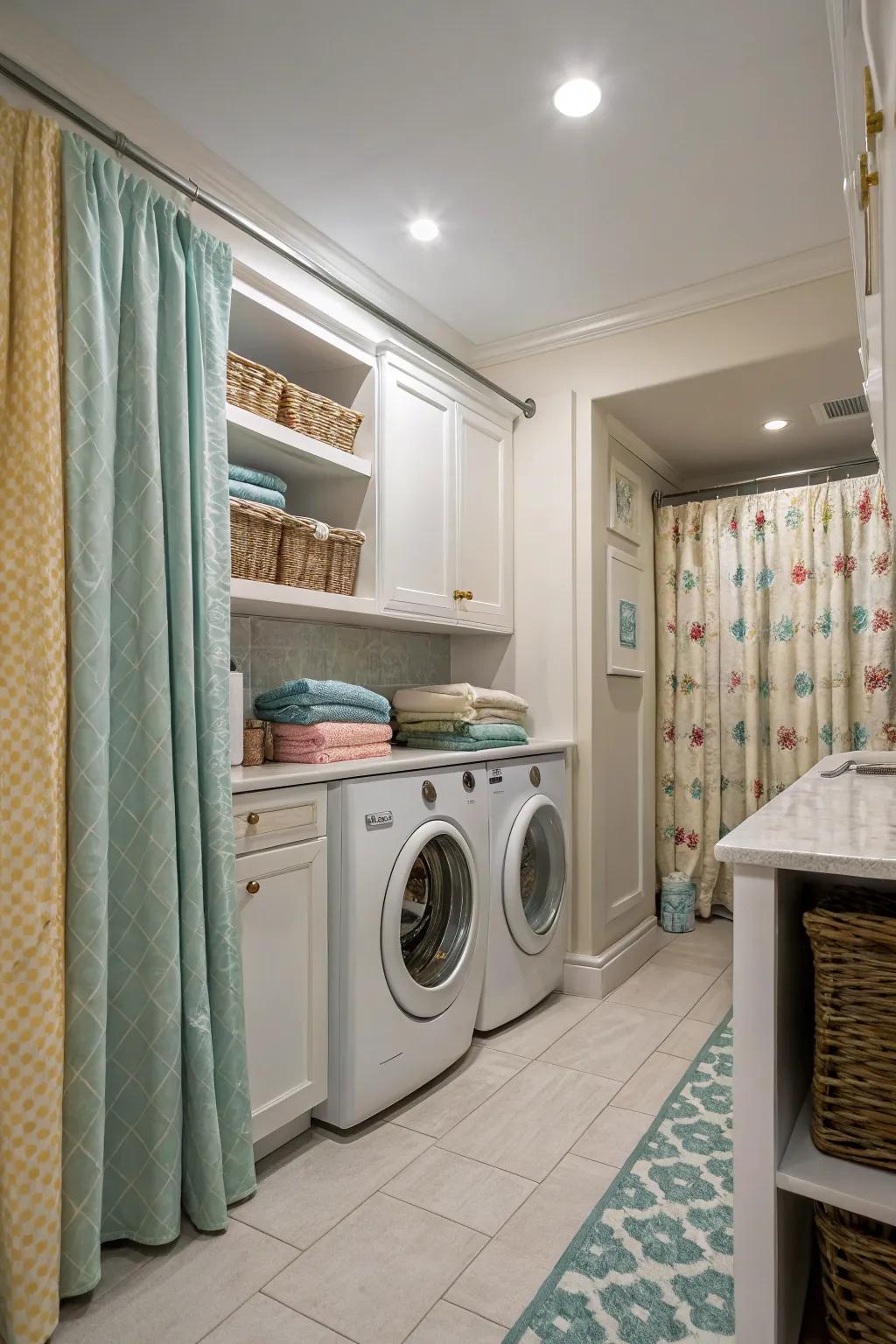 Coordinated drapes can bring harmony to your laundry room design.