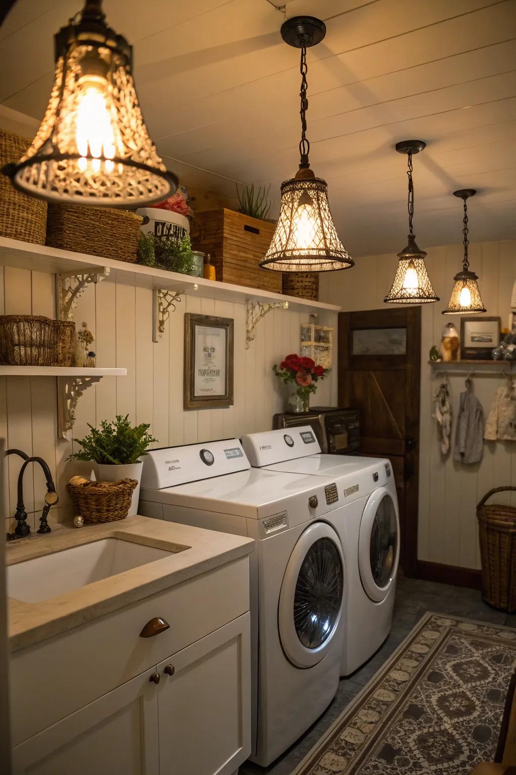 Aged lighting fixtures infuse your laundry room with individuality and warmth.