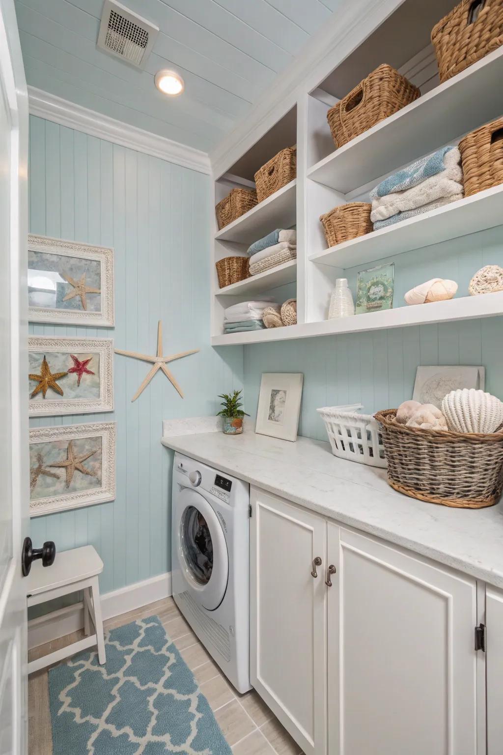 Pale sky blue evokes a coastal calm in your laundry space.