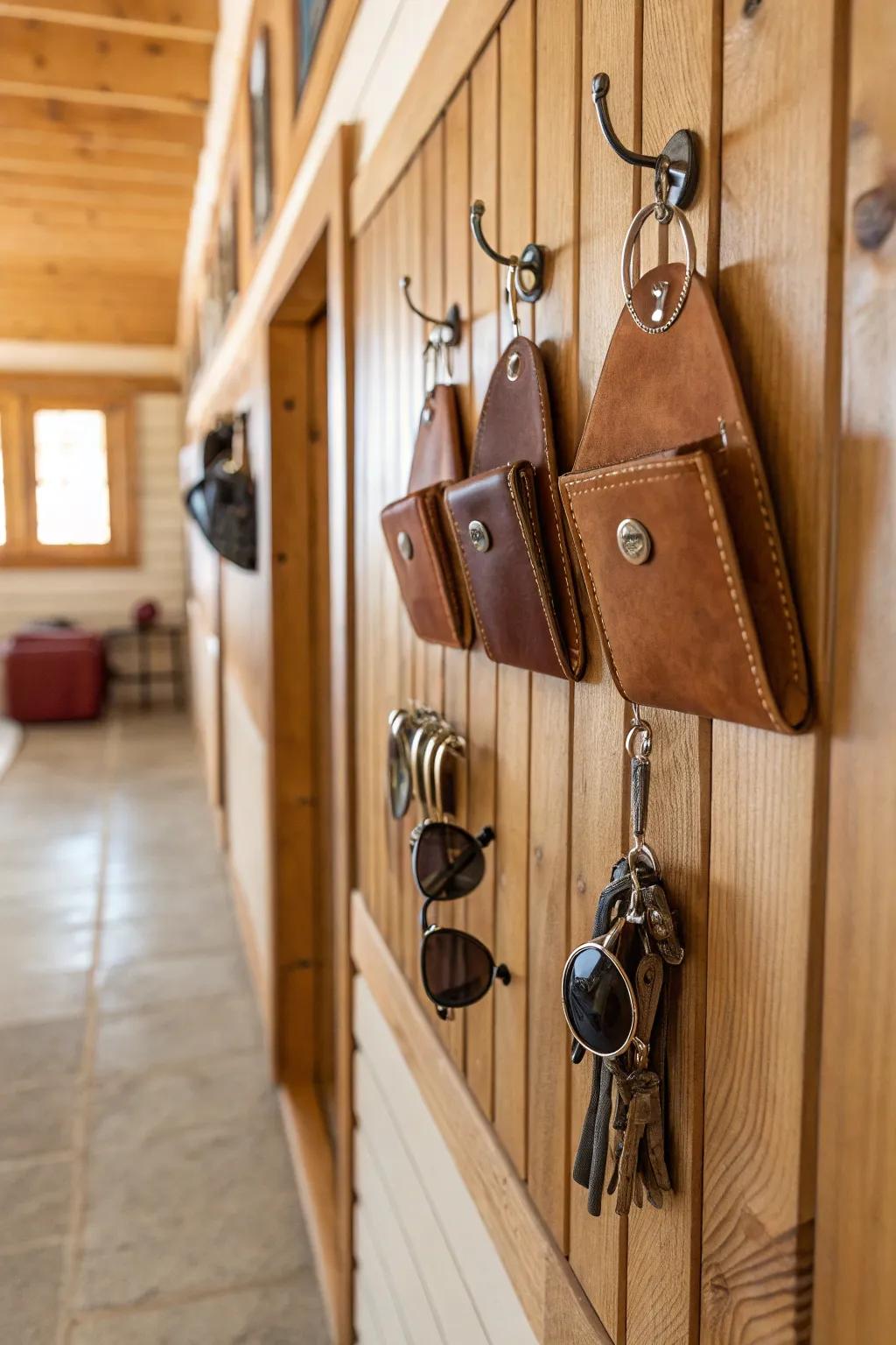 Fashionable suspended pouches keep essentials within arm’s reach.
