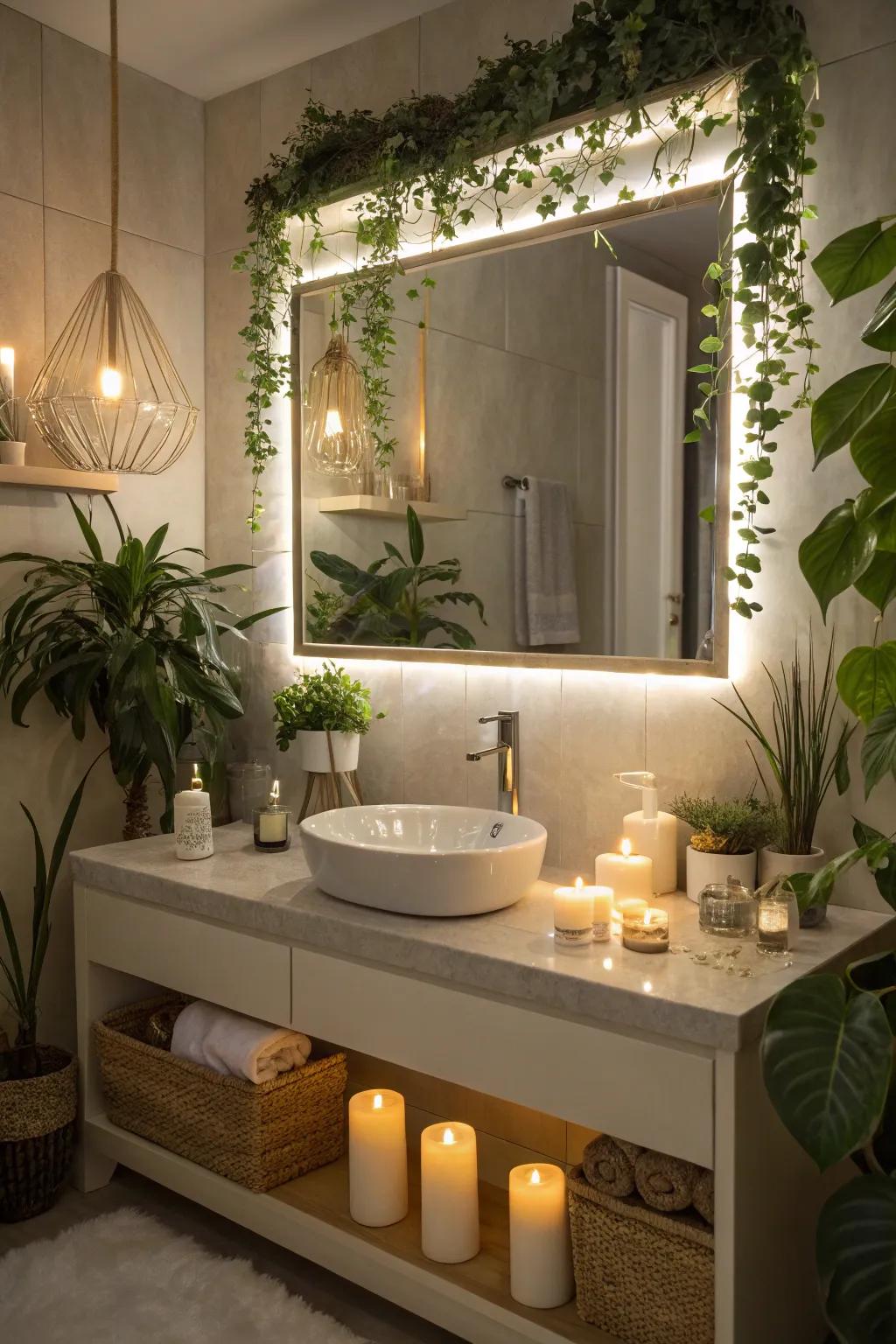 A customized bathroom enhanced by an LED mirror and decorative accents.