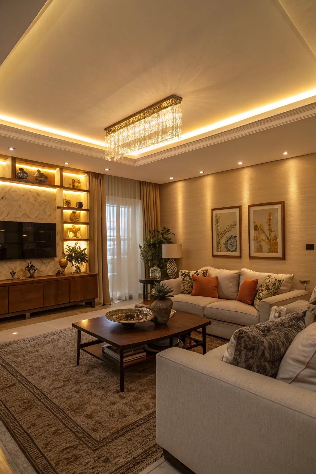 Stylish ambiance via LED alcove illumination.