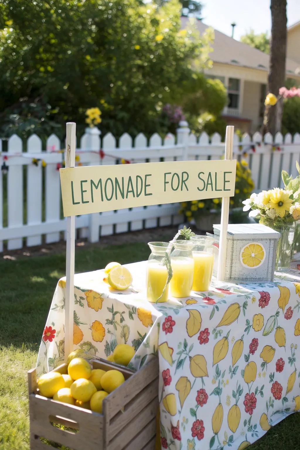 A whimsical table linen unites the theme.