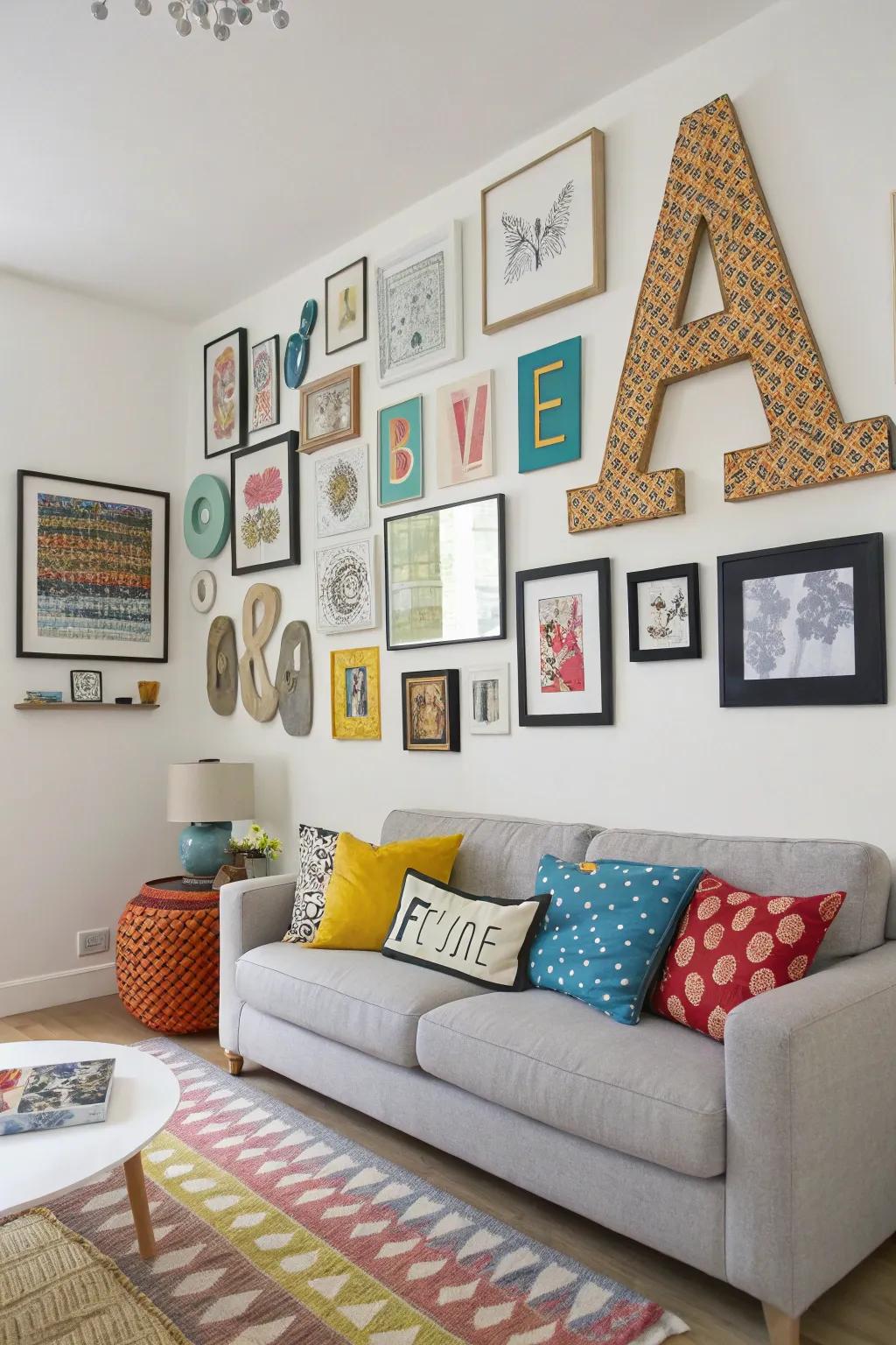 A creative wall installation with letters and art.