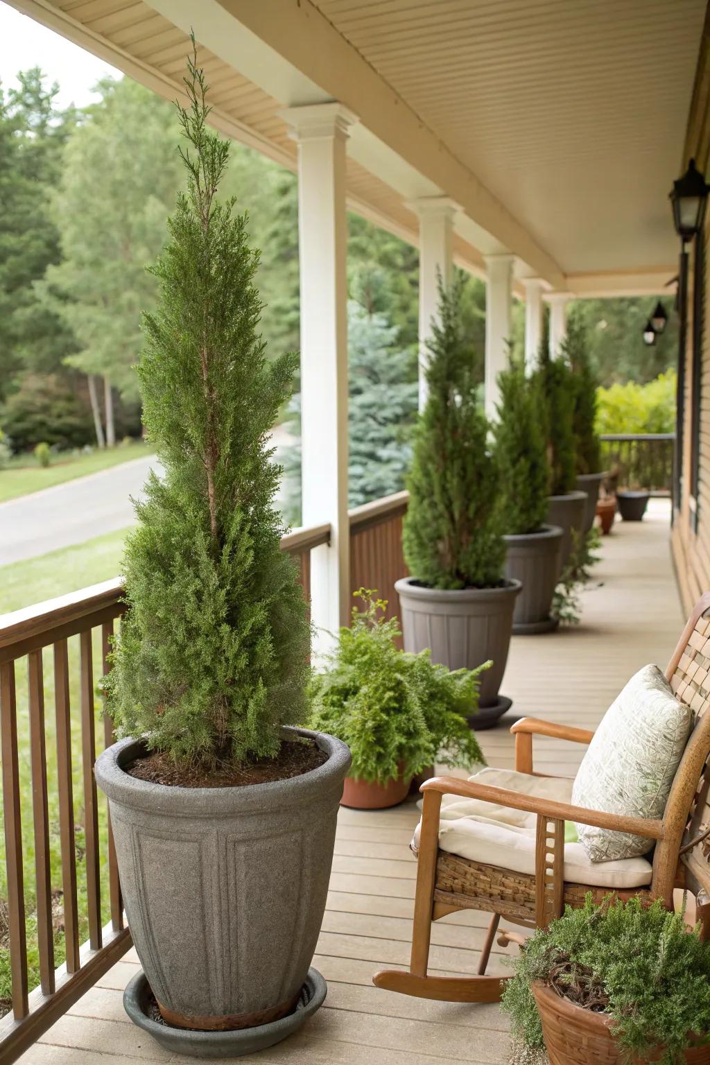Impart sophistication to your entrance with container-grown Leyland cypress trees.