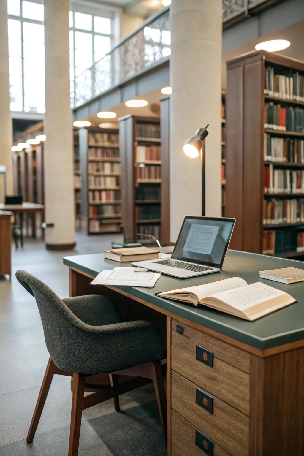 A functional study area featuring a stylish desk and supportive chair in a library environment.