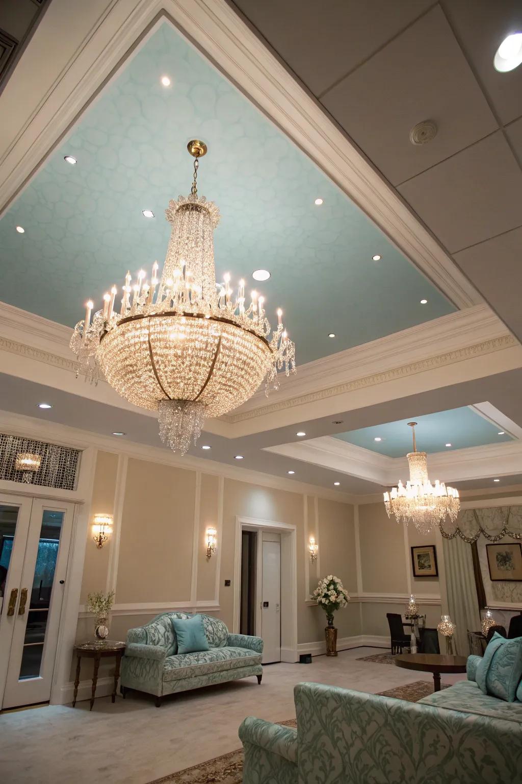 A sky-blue overhead plane exquisitely complements an elegant chandelier.