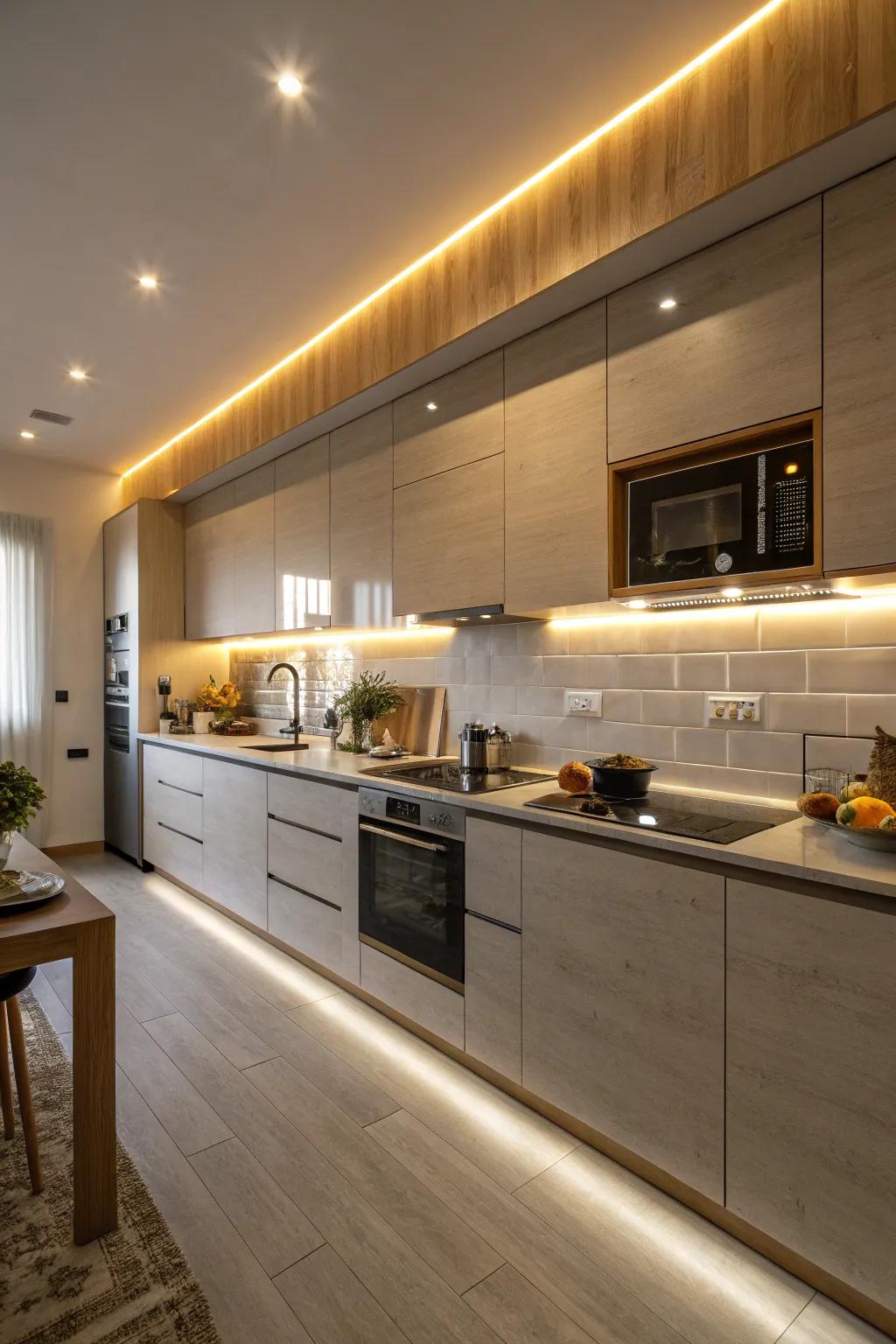 The coziness of your kitchen is enhanced by warm LED lighting.