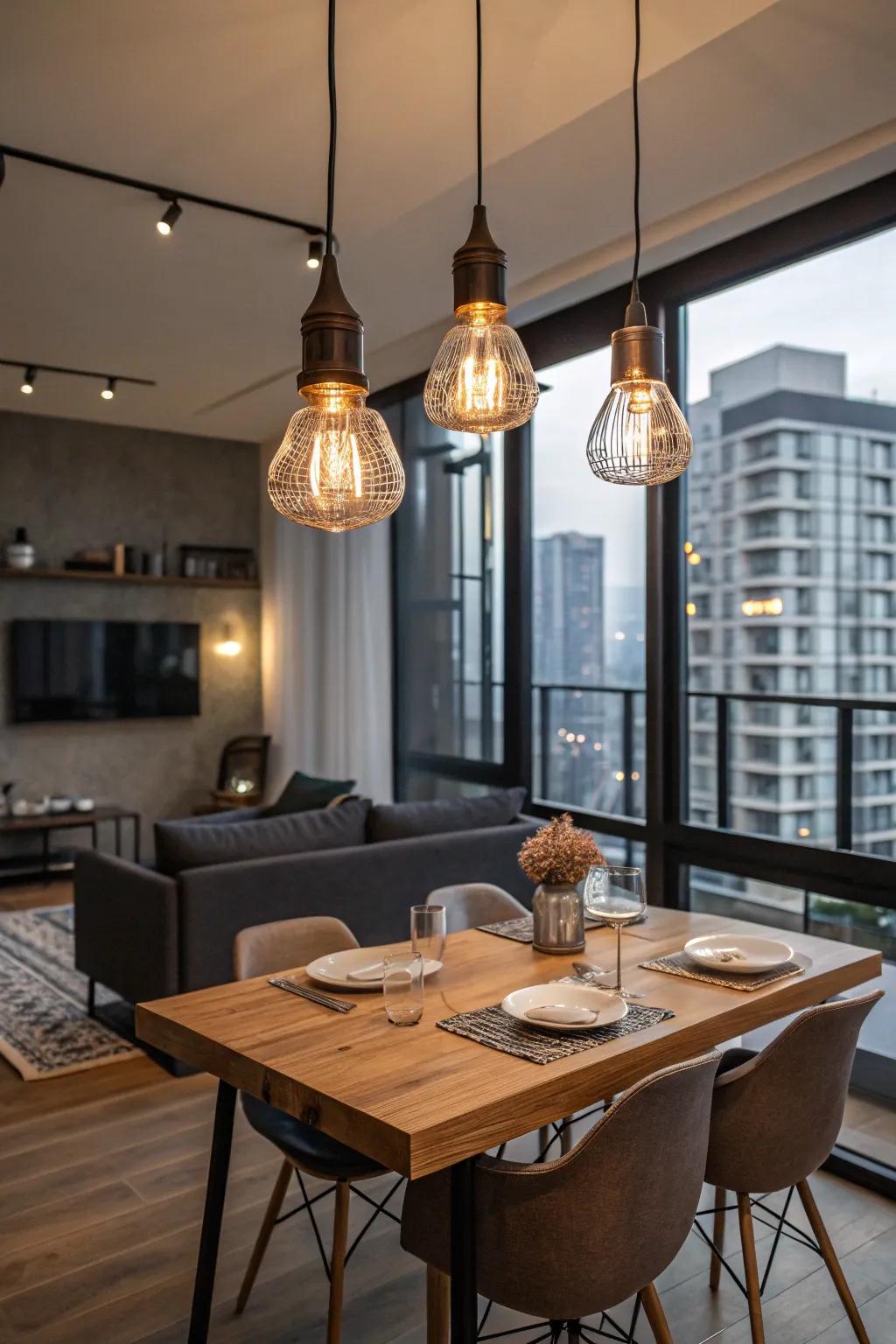Connected suspending luminaries impart a modern accent to eating zones, creating a fashionable focal point.
