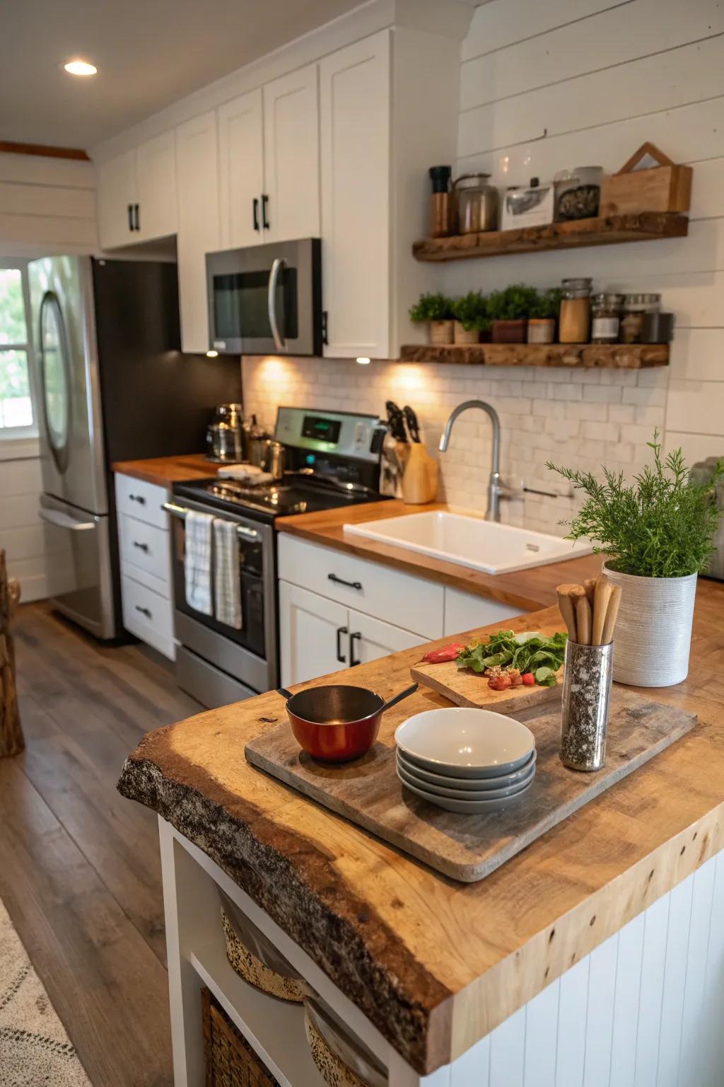 Balancing allure with usefulness in a kitchen that features a live edge countertop.