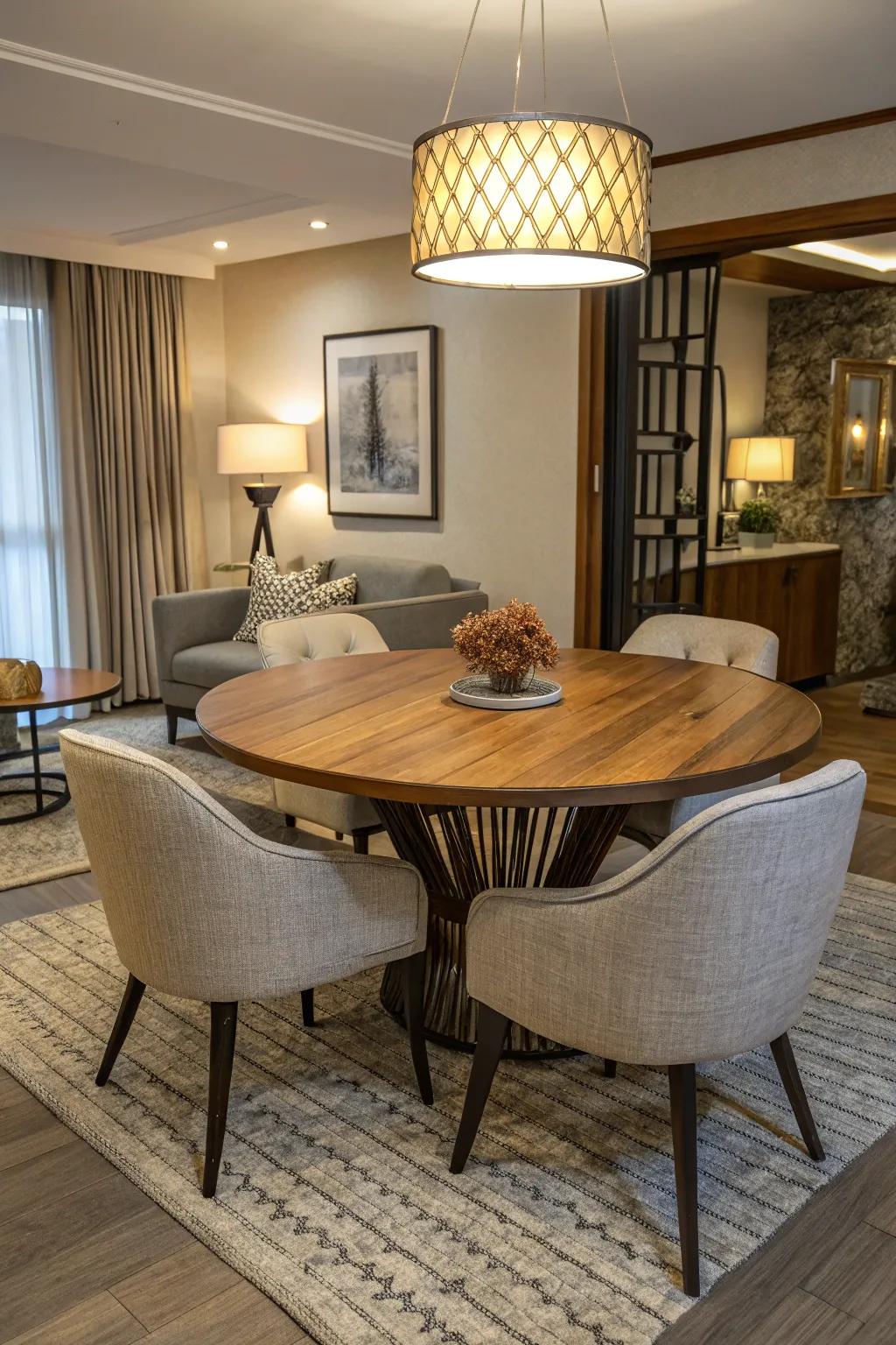 Circular tables maximize intimacy and flexibility in more confined spaces.