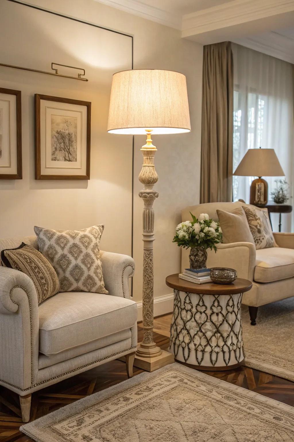 A neutral-toned family room featuring an unobtrusive floor lamp.