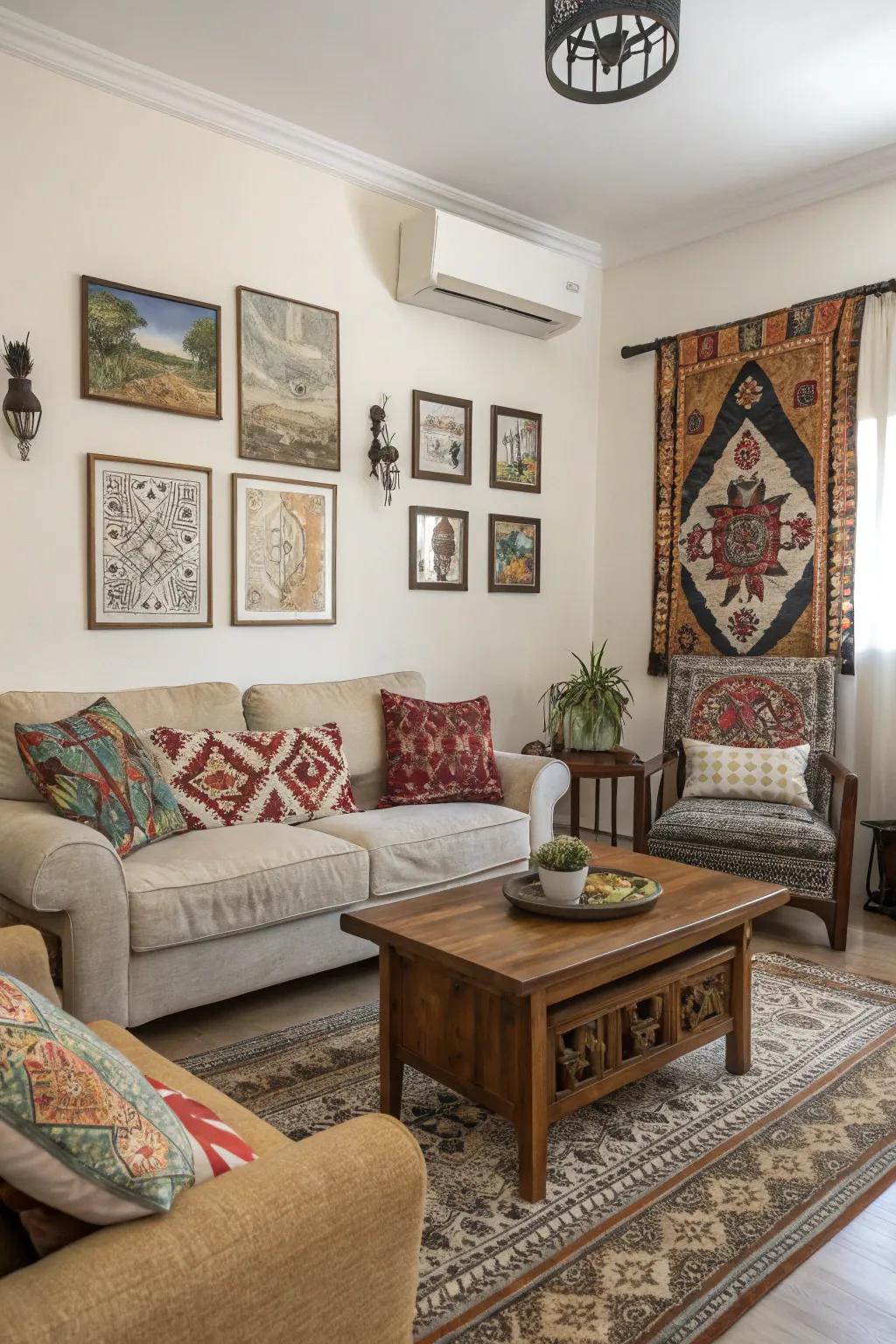 An diverse family room that reflects personal preference and ingenuity.