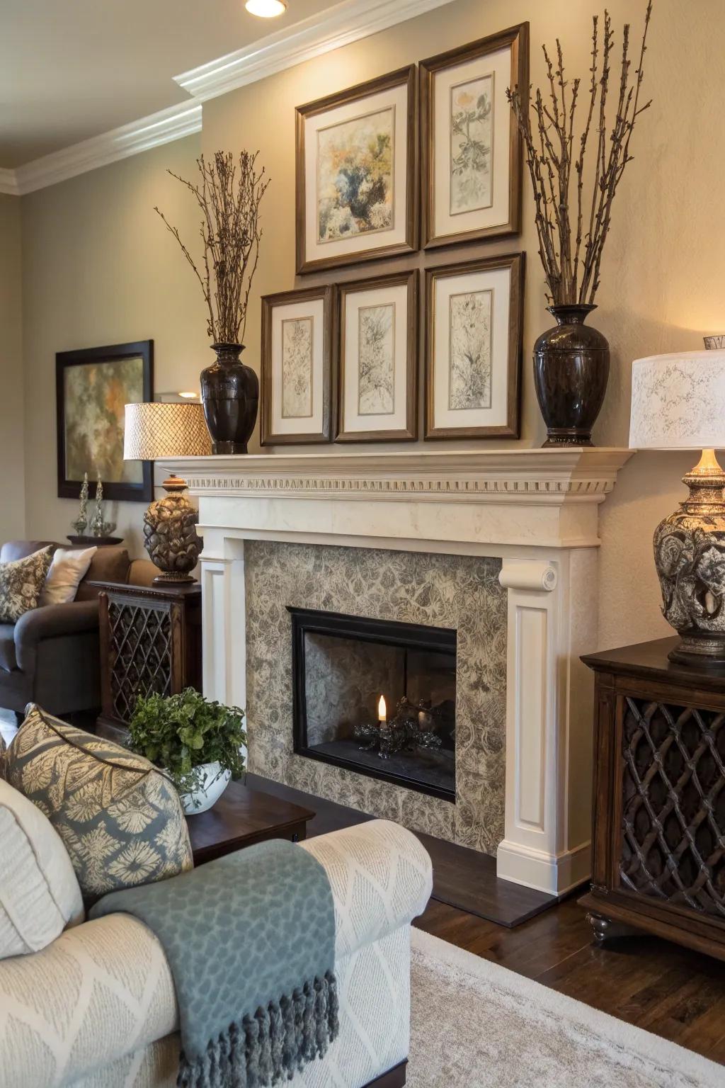 An inventively adorned hearth mantle contributing personal elegance.