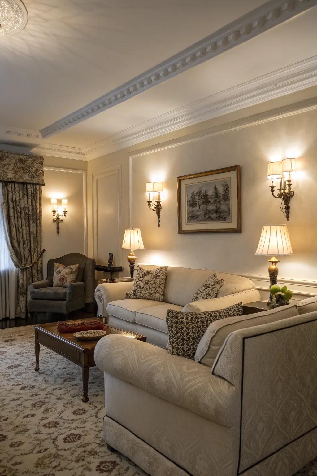 Wall lights append a warm radiance and emphasize architectural characteristics.