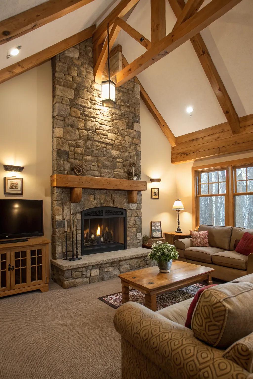 The blend of stone and wood brings warmth to your living room.