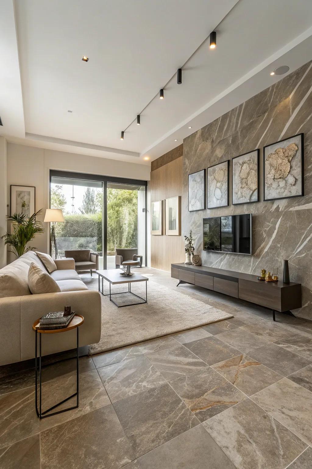 Contemporary lounge featuring rock-simulated stoneware tiles.
