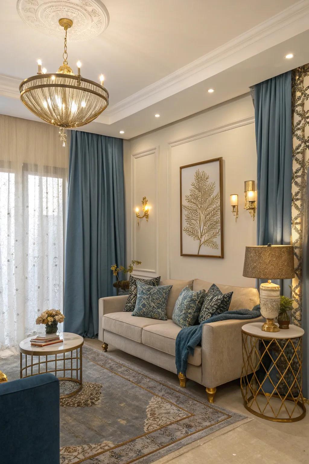 Polished accents, such as gilded elements, heighten the grace of azure window coverings, bestowing a lavish sensation to the area.