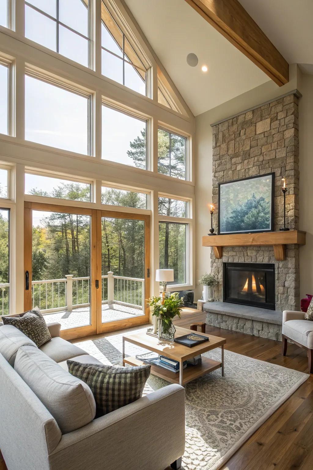 A sun-filled living area with expansive windows enhancing the beauty of the fireplace.