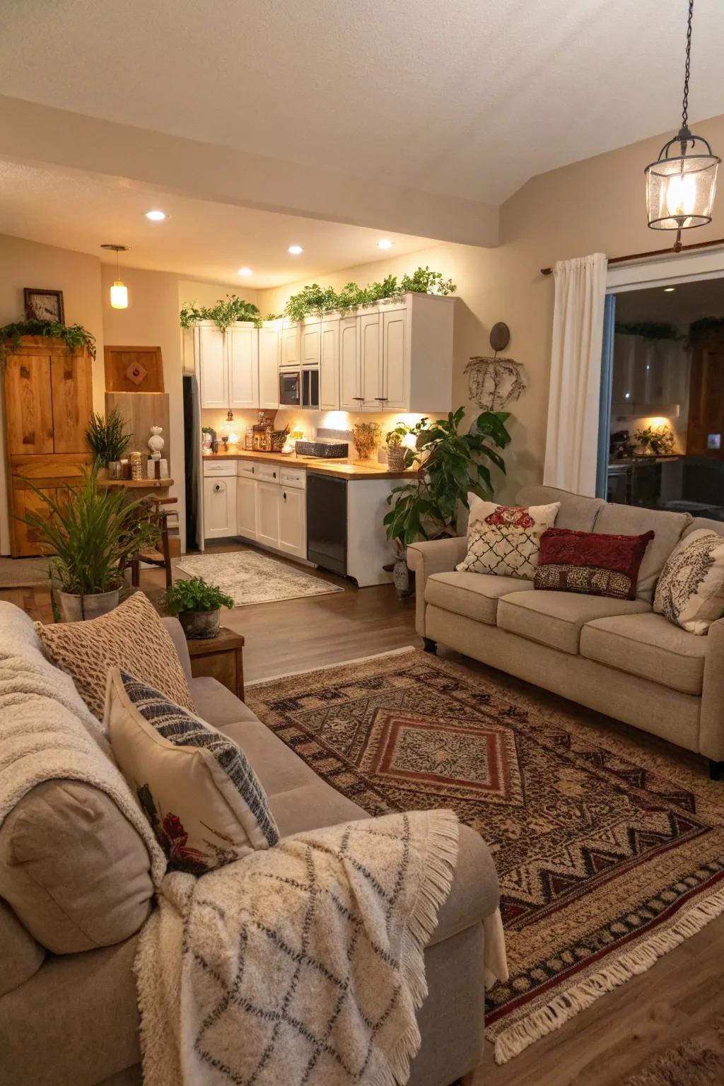 Comfortable components like rugs and cushions conjure a warm atmosphere.