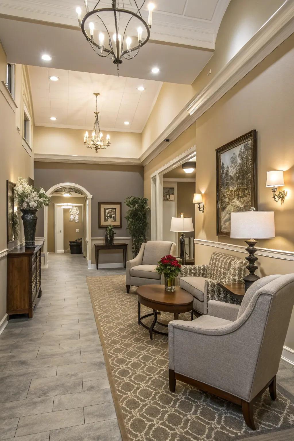 A serene lobby with a balanced coloration palette