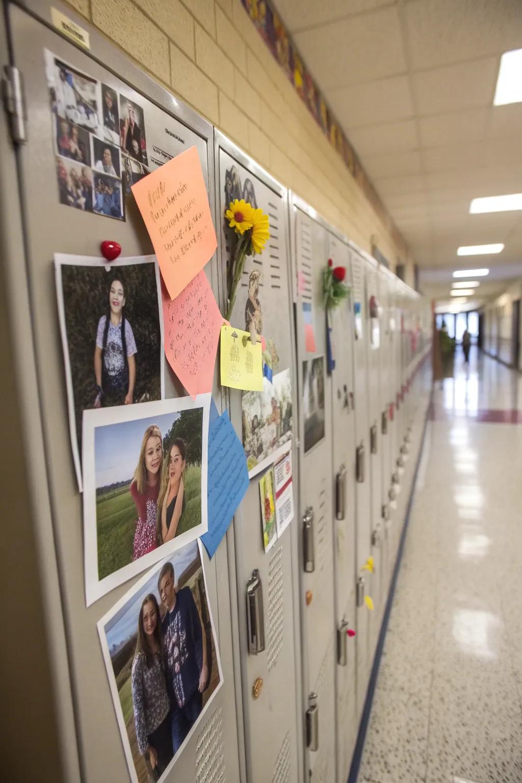 A locker decorated with personal images and uplifting messages for a personal feel.