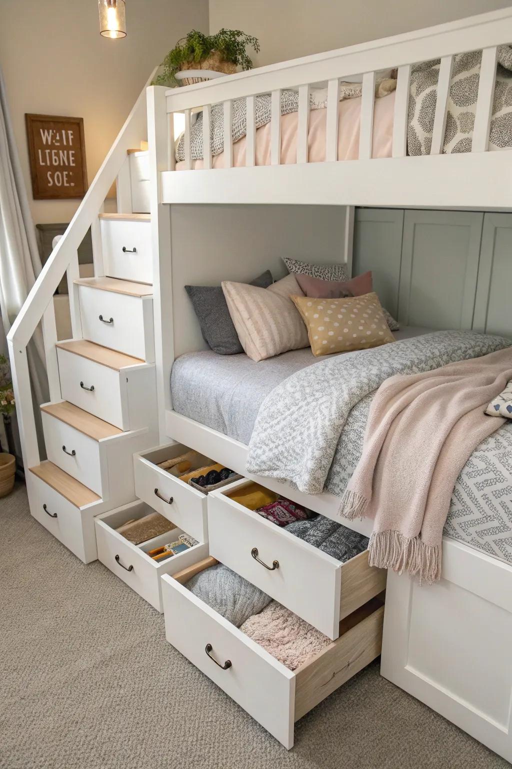 Steps with storage offer a stylish and functional platform bed design.