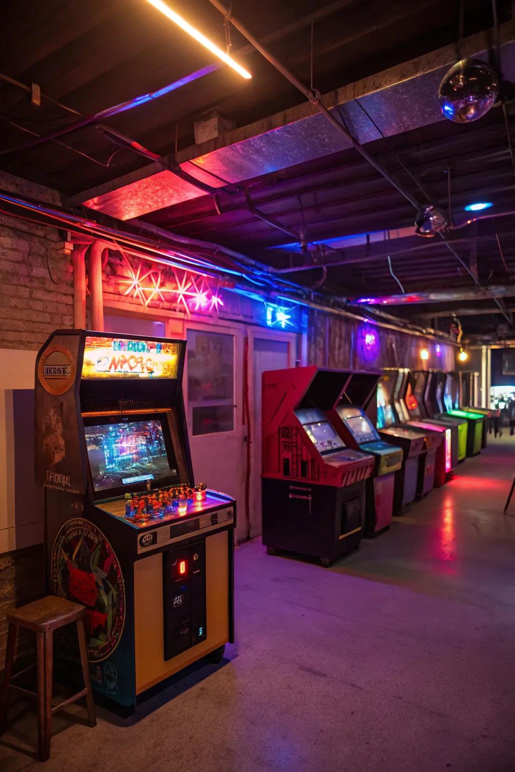 A vintage arcade spot adds personality and a nostalgic element to the game area.